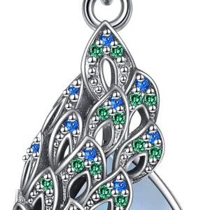 Sterling Silver Moonstone Peacock Necklace Women Feather Pendant Jewelry